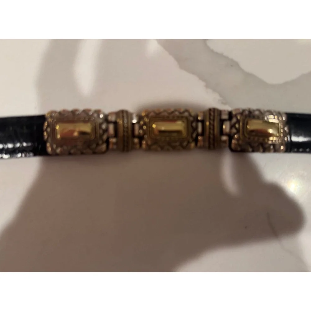 Brighton Black‎ Croc Embossed Leather Belt Silver Gold Two Tone Buckle Womens M